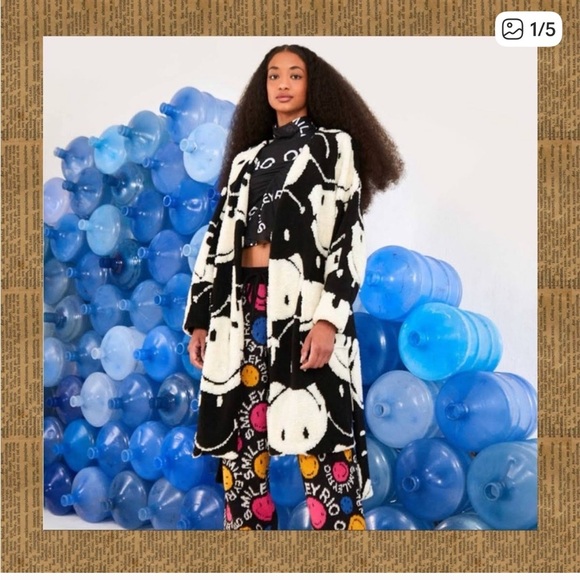 Farm Rio Smiley Black White Belted Long Cardigan - Teddy Texture - Size XL - Picture 1 of 7